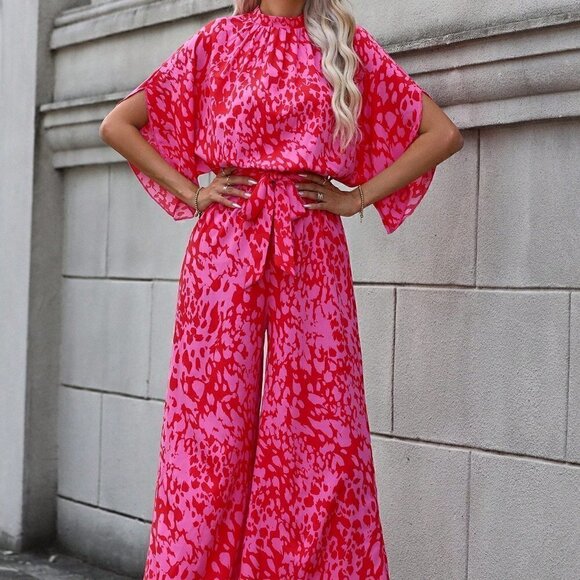 Pink Boho Womens Allover Print Batwing Sleeve Belted Wide Leg Jumpsuit - Picture 5 of 5